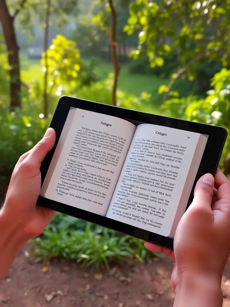 A digital tablet displaying an open Telugu Christian book, with a person's hands gently holding it. The background is a serene, natural setting.