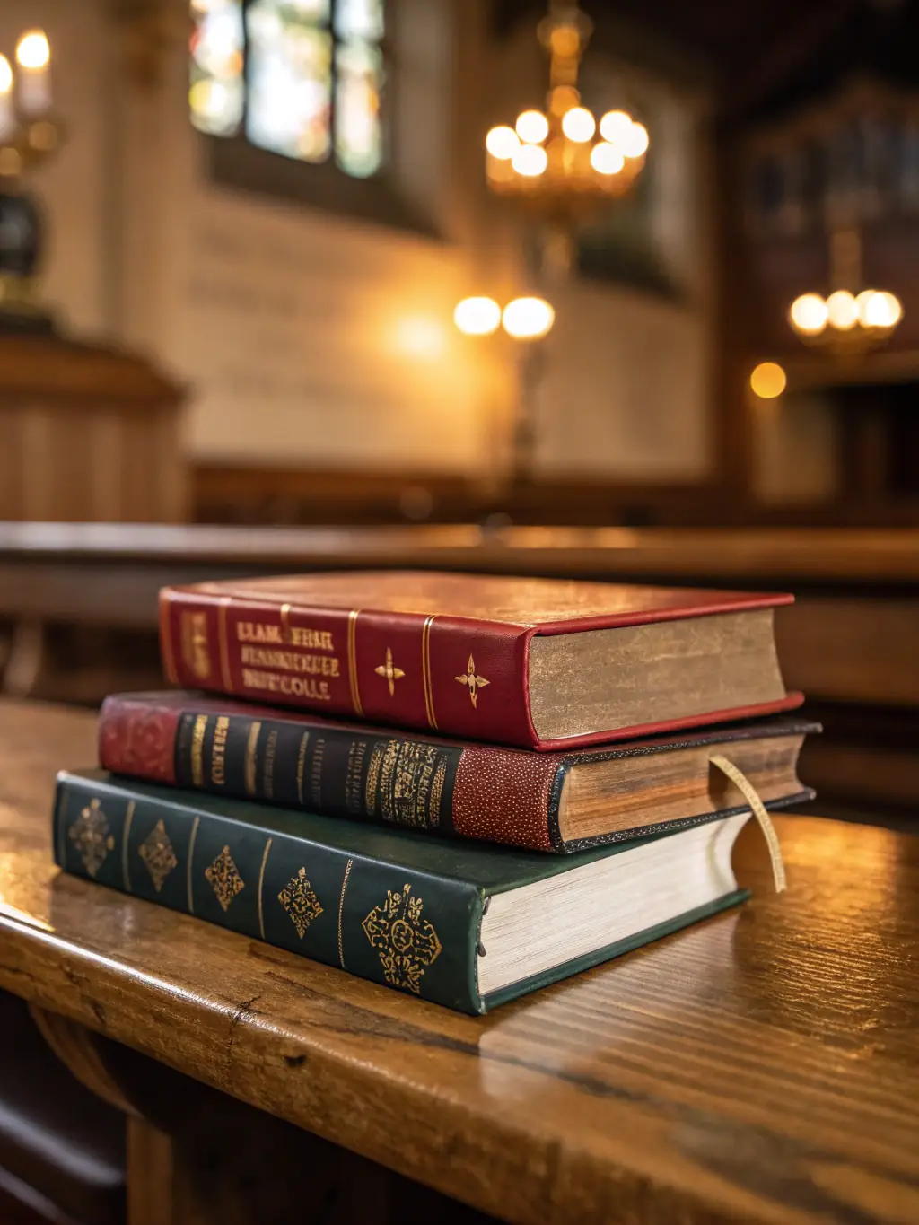 A stack of Telugu Christian booklets, neatly arranged on a wooden table. The booklets have colorful covers with titles related to faith, hope, and love.