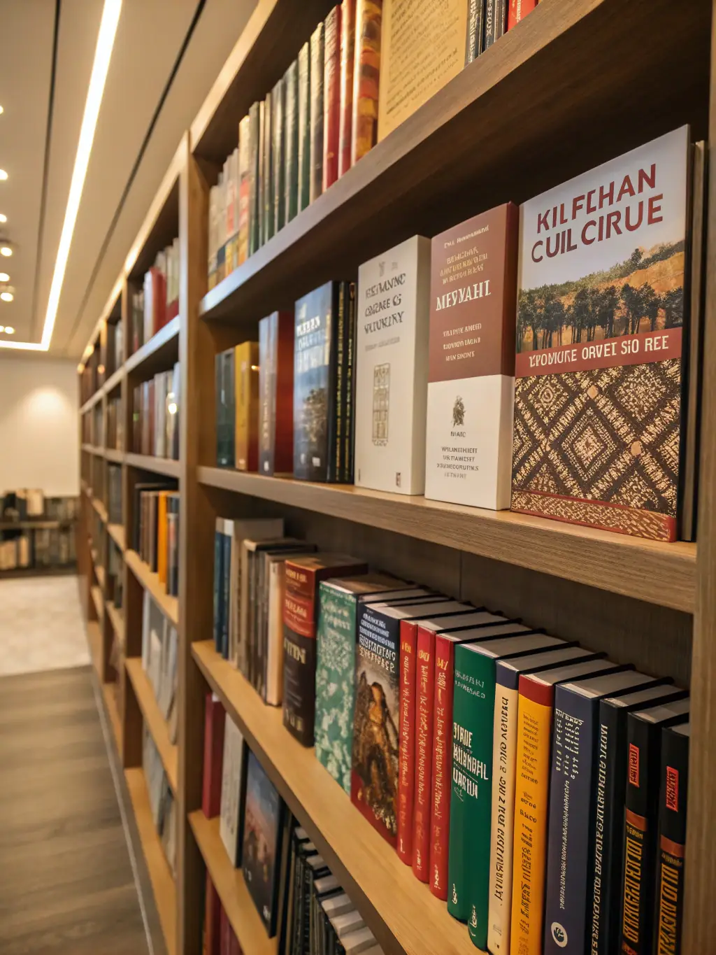 A bookshelf filled with Telugu Christian books, arranged alphabetically. The books have different sizes and colors, creating a visually appealing display.